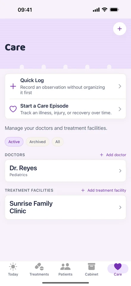 Holakare’s Care screen on iPhone: quick log, care episodes, doctors, and treatment facilities