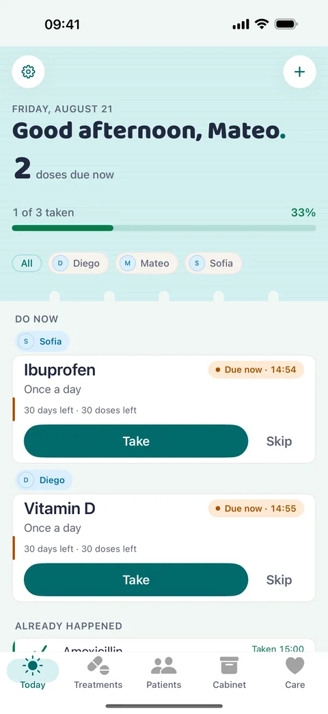 Holakare’s Today screen on iPhone: the doses due now for each person in the household